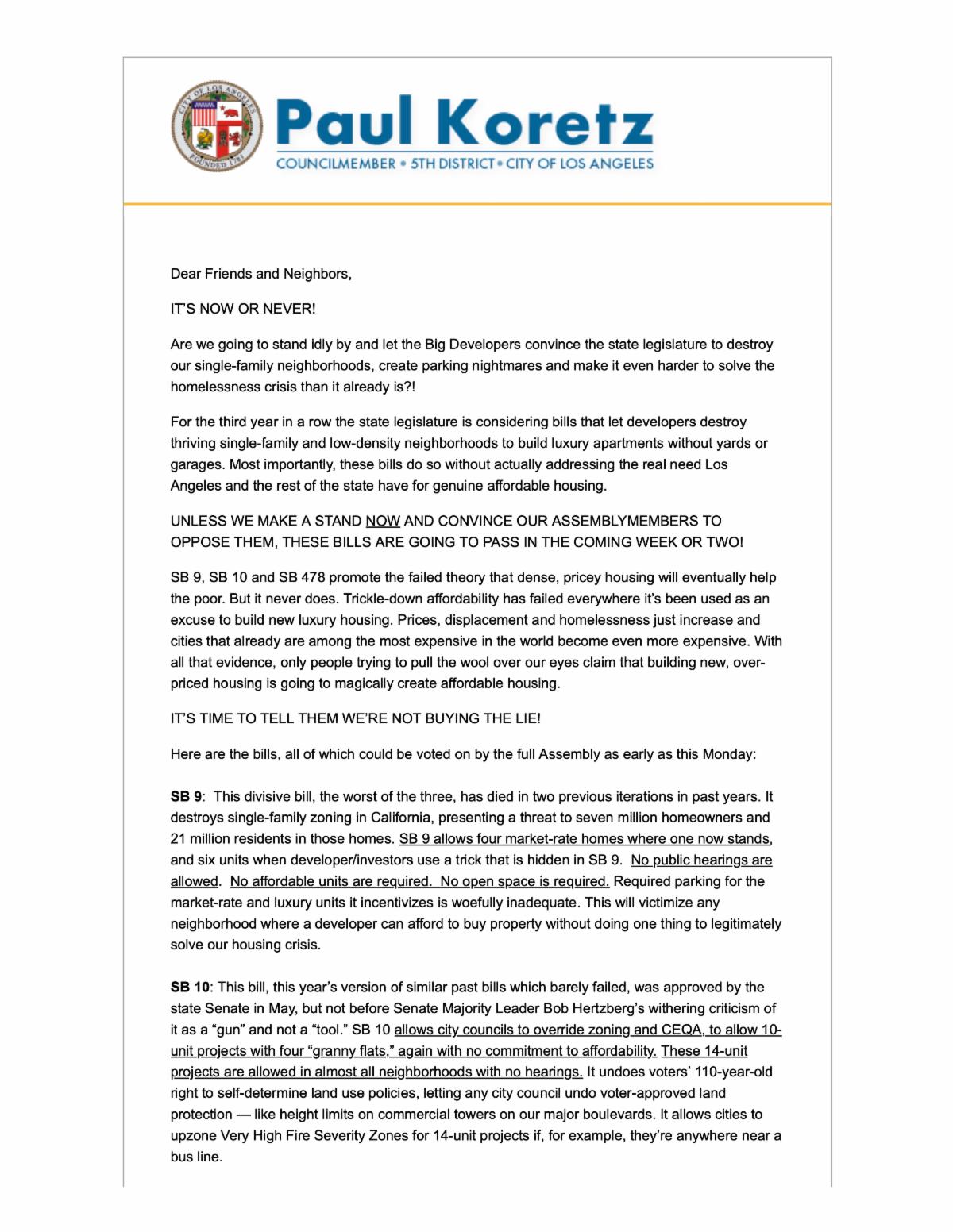 Paul Koretz Letter